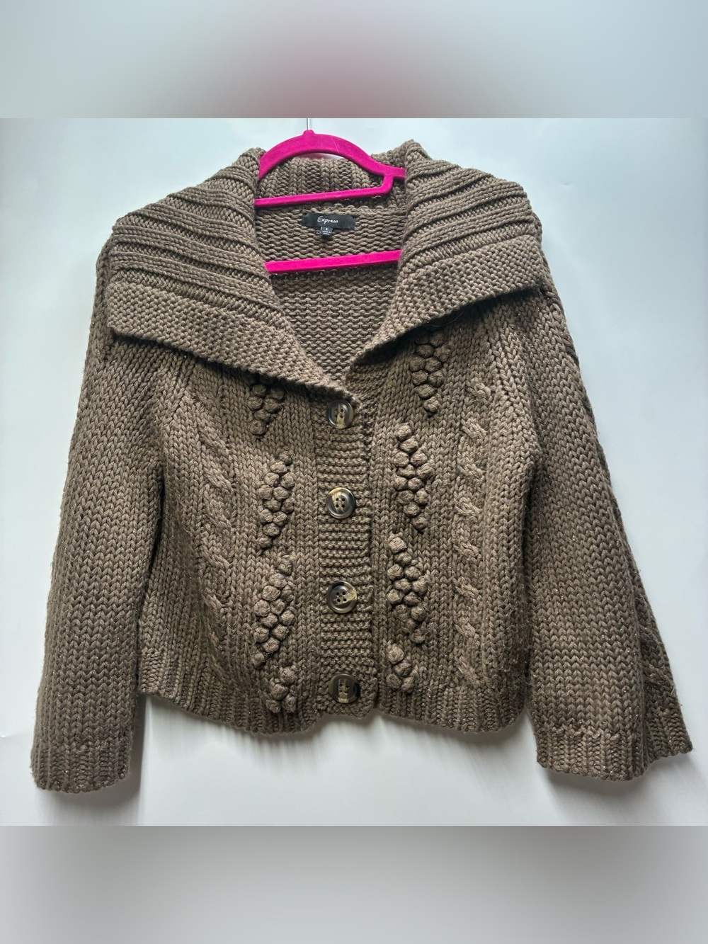 Vintage Y2K Express Large Cable Bobble Knit Brown Wide Sleeve Chunky Sweater